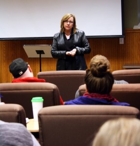 Kathy English, Toronto Star's public editor, speaks to Laurier Brantford professors and students. By Christina Mannochio.