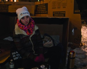 Casey outside of her temporary shelter