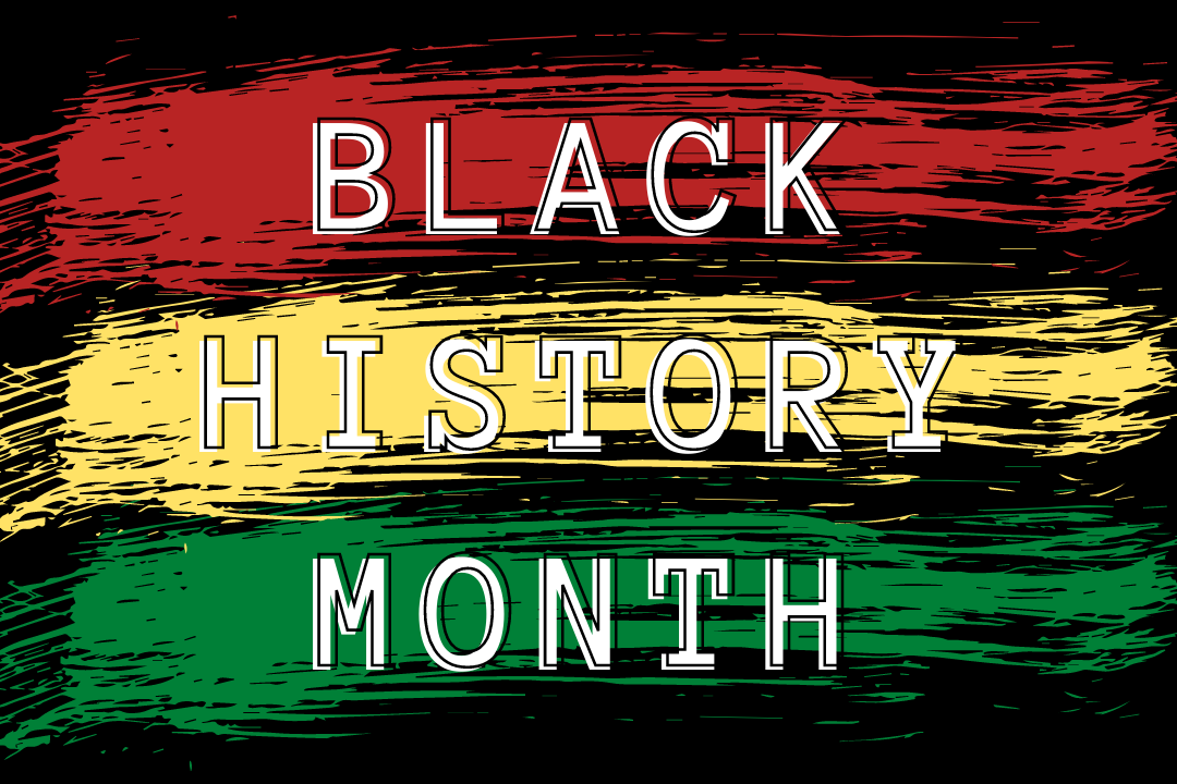 "Black History Month" against a black background with a red, yellow and green stripe.