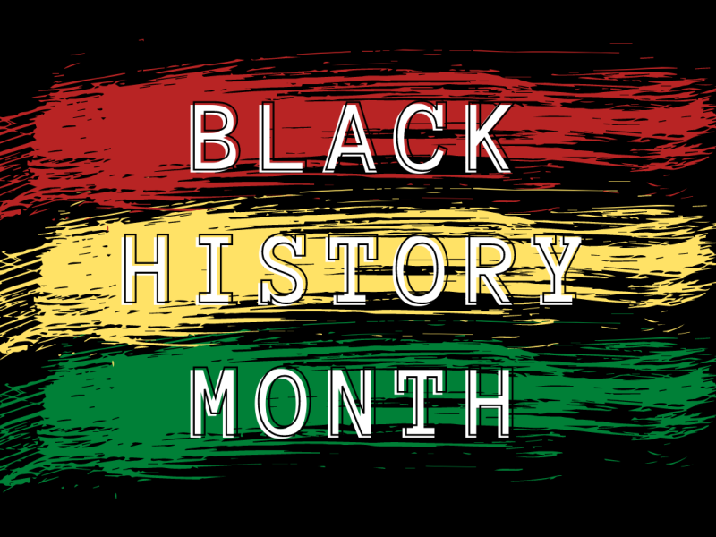 "Black History Month" against a black background with a red, yellow and green stripe.