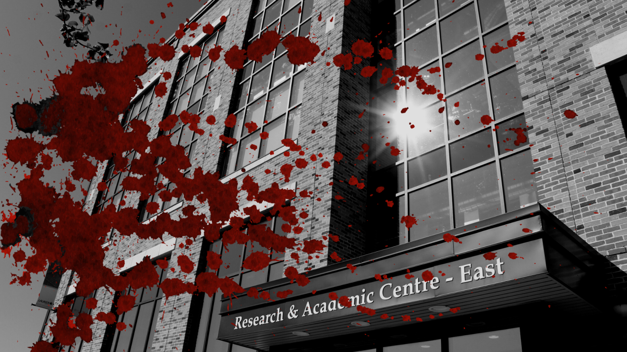 Blood splatter over a photo of the RCE building