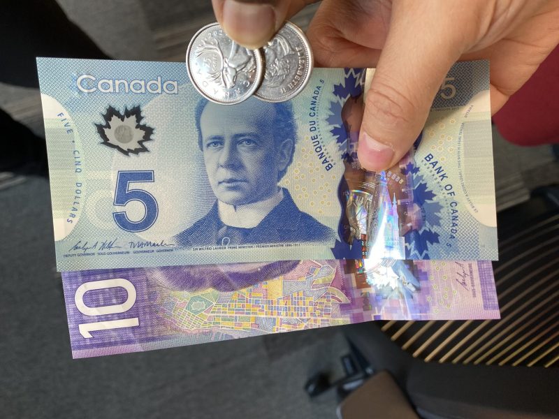 Canadian blue 5 and purple 10 dollar bills and 2 quarters in someone's hand